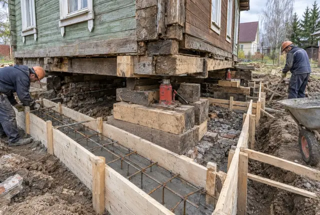 Подняли дом и отремонтировали фундамент